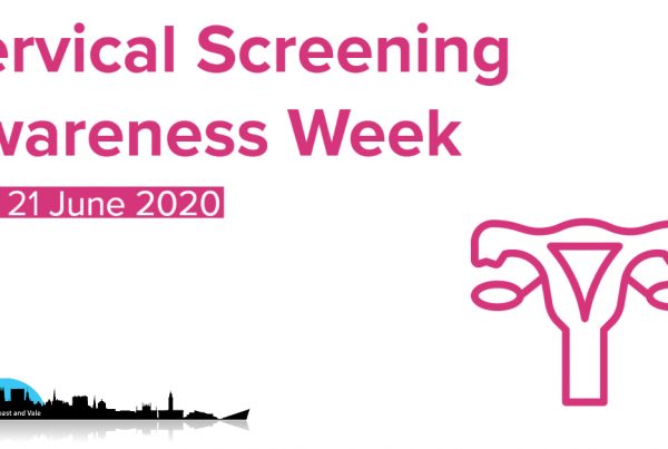 A graphic to advertise Cervical Screening Awareness Week 2020, occurring 15th to 21st June. The Humber, Coast and Vale logo is in the bottom left of the image.