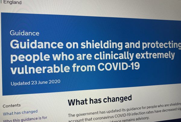 An image of a computer screen displaying an open web browser on a page about shielding. The title of the page says ' Guidance on shielding and protecting people who are clinically extremely vulnerable from COVID-19'.
