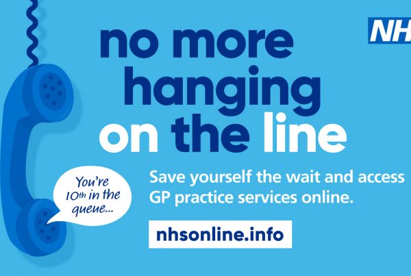 Infographic containing a blue backgroup and NHS Logo. There is a dark blue illustration of a phone with a speech bubble that says 'You're 10th in the queue.' The header reads 'no more hanging on the line' and the main body of text states, 'save yourself the wait and access GP practice services online. nhsonline.info.