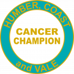 The Humber, Coast and Vale Cancer Champions logo. A teal circle with the name of the programme in orange.