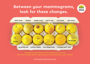 The Know Your Lemons poster, which uses lemons to demonstrate some of the symptoms of breast cancer. This includes changes to skin thickness, a lump, a sunken nipple, and more.