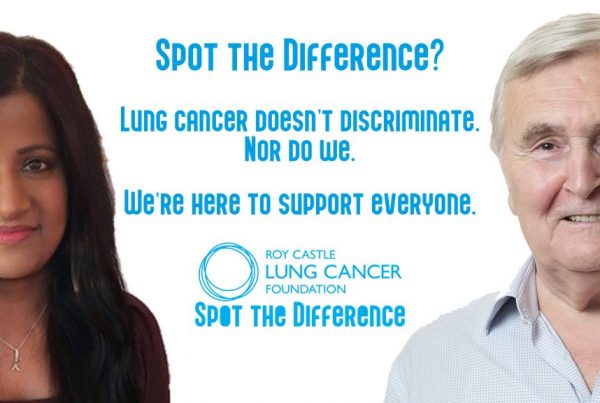 Image shows two people and text that says Spot the Difference? Lung Cancer doesn't discriminate. Nor do we. We're here to spot the difference. Roy Castle Lung Cancer Foundation