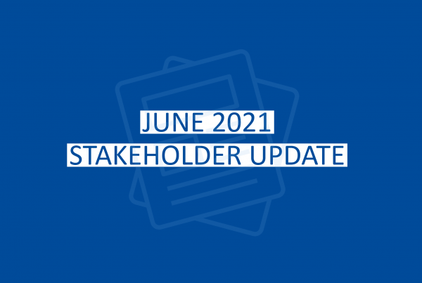 Image is of a blue background with white text that says 'June 2021 Stakeholder Update'