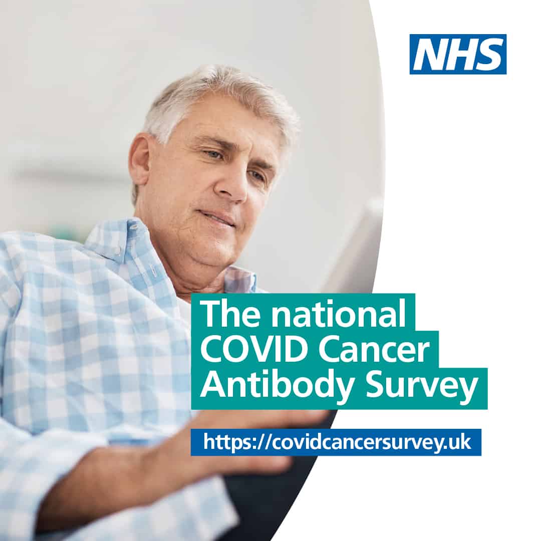 Image shows a man in a blue and white checked shirt looking down at a paper. The NHS logo is in the top right hand corner and there is text on the image that says 'the national covid cancer antibody survey' http://covidcancersurvey.uk