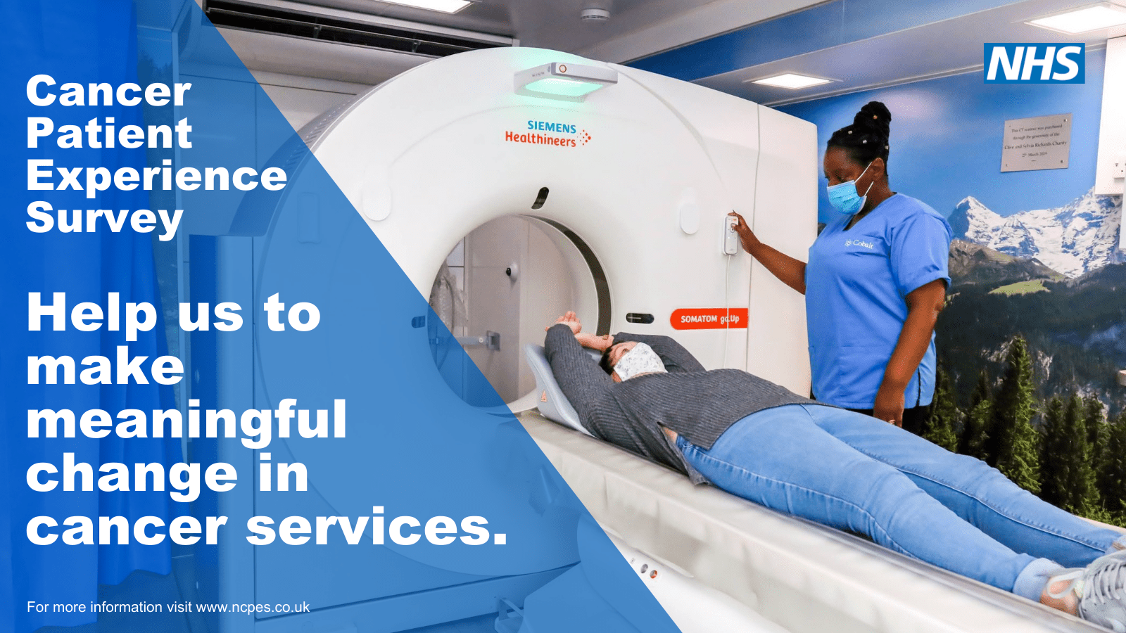 Graphic to advertise the national Cancer Patient Experience Survey (CPES). It shows a person entering a CT scanner while a nurse in scrubs stands to their left and operates the machine. The words 'Help us to make meaningful changes in cancer services.'